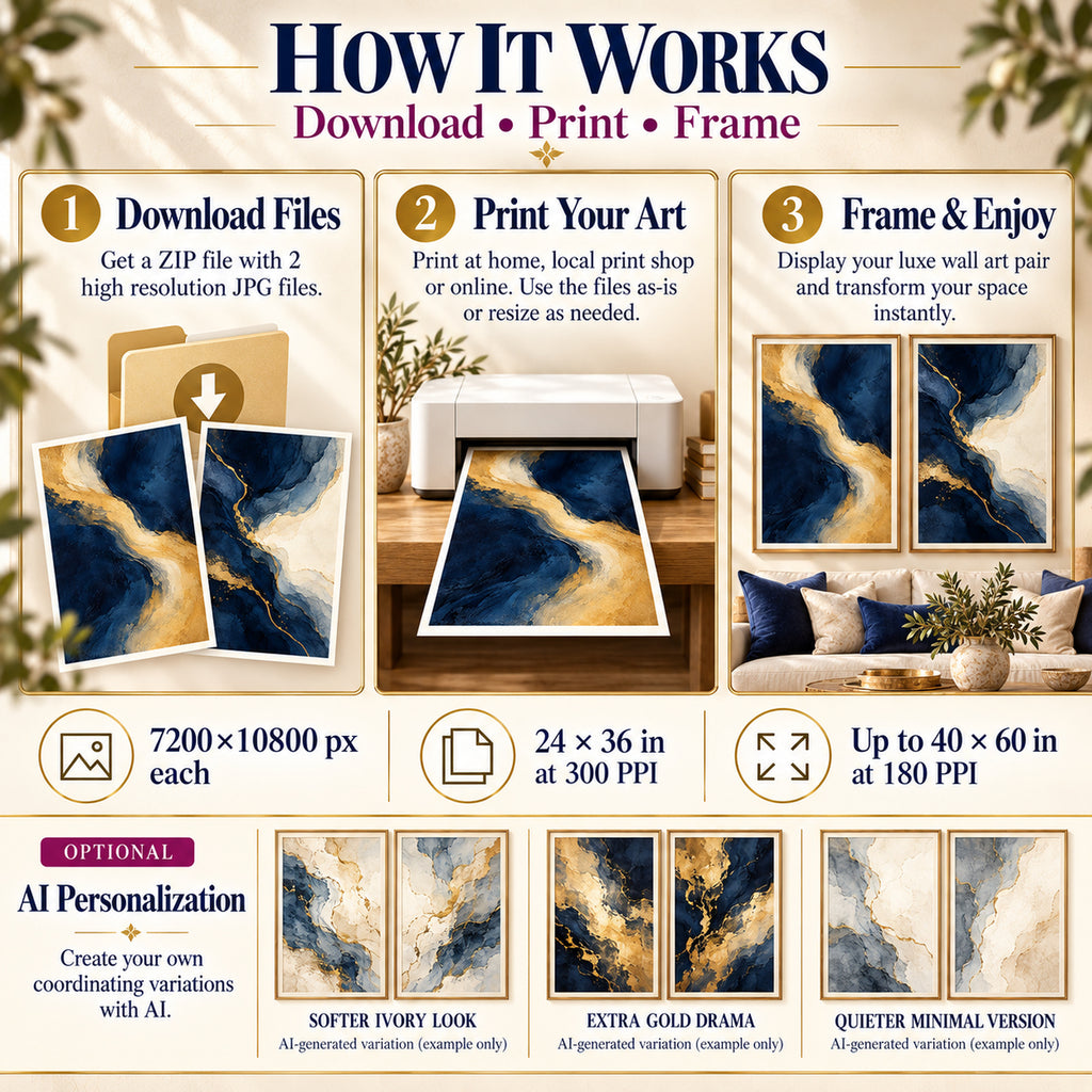 How to download print and frame Navy and Gold Light art in 2:3 portrait with optional AI personalization examples