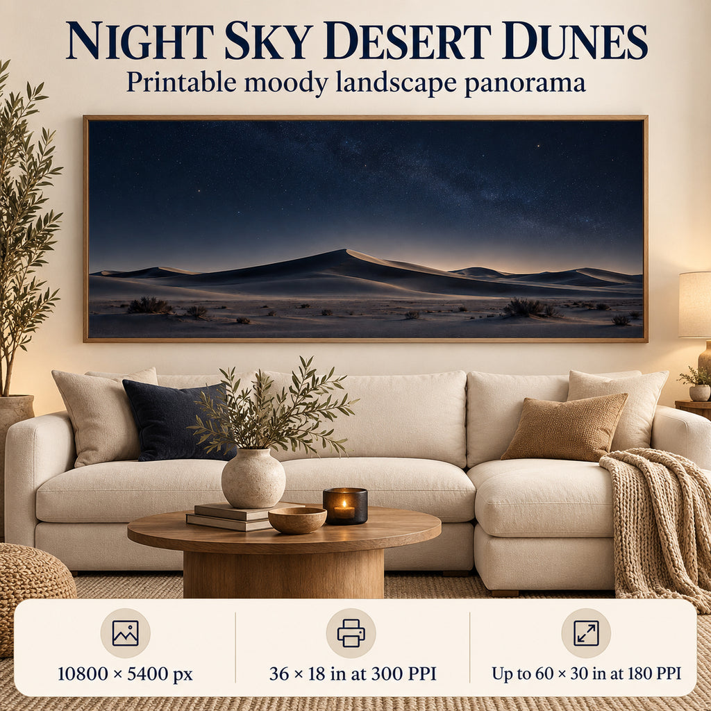 Night Sky Dunes printable living room wall art single panoramic print shown above a dark sectional sofa