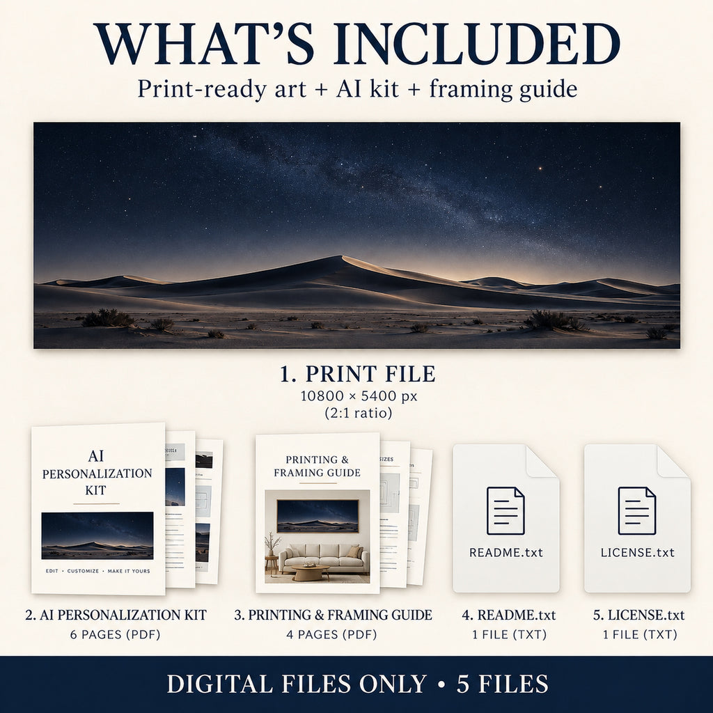 What is included in Night Sky Dunes download: 1 print-ready art JPG, AI personalization kit, framing guide, README and license