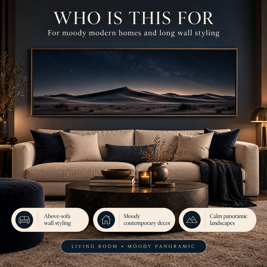 Night Sky Dunes printable wall art styled for moody contemporary living rooms above a dark sectional sofa