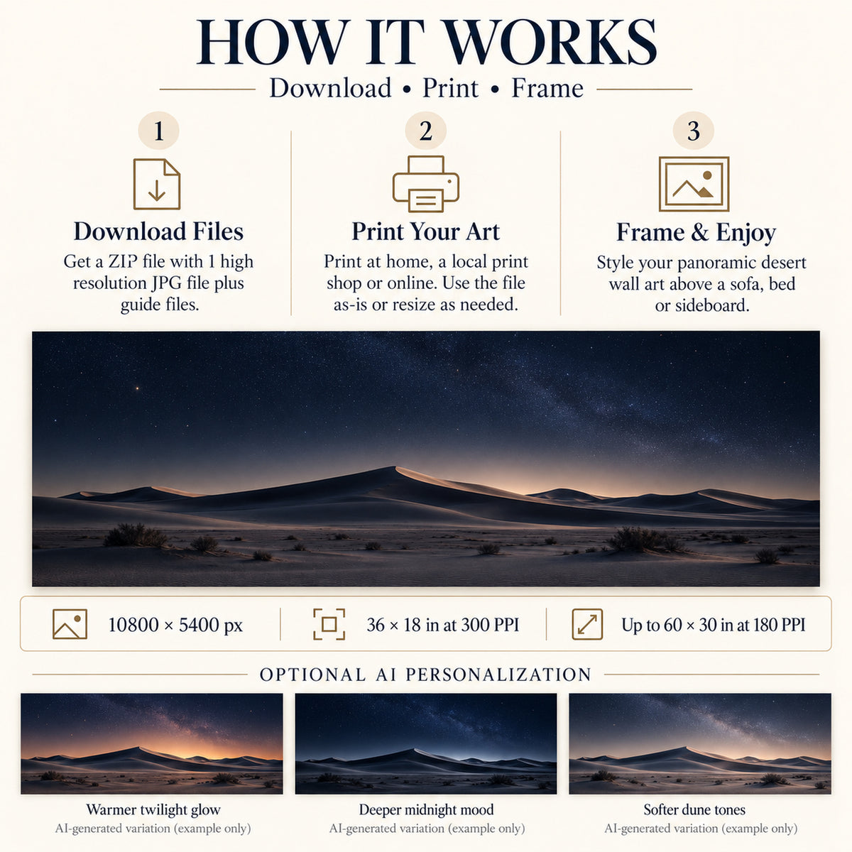How to download print and frame Night Sky Dunes panoramic art in 2:1 landscape up to 36 by 18 inches at 300 PPI