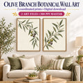 Olive Branch Botanical printable living room wall art set of 2 shown above a linen loveseat