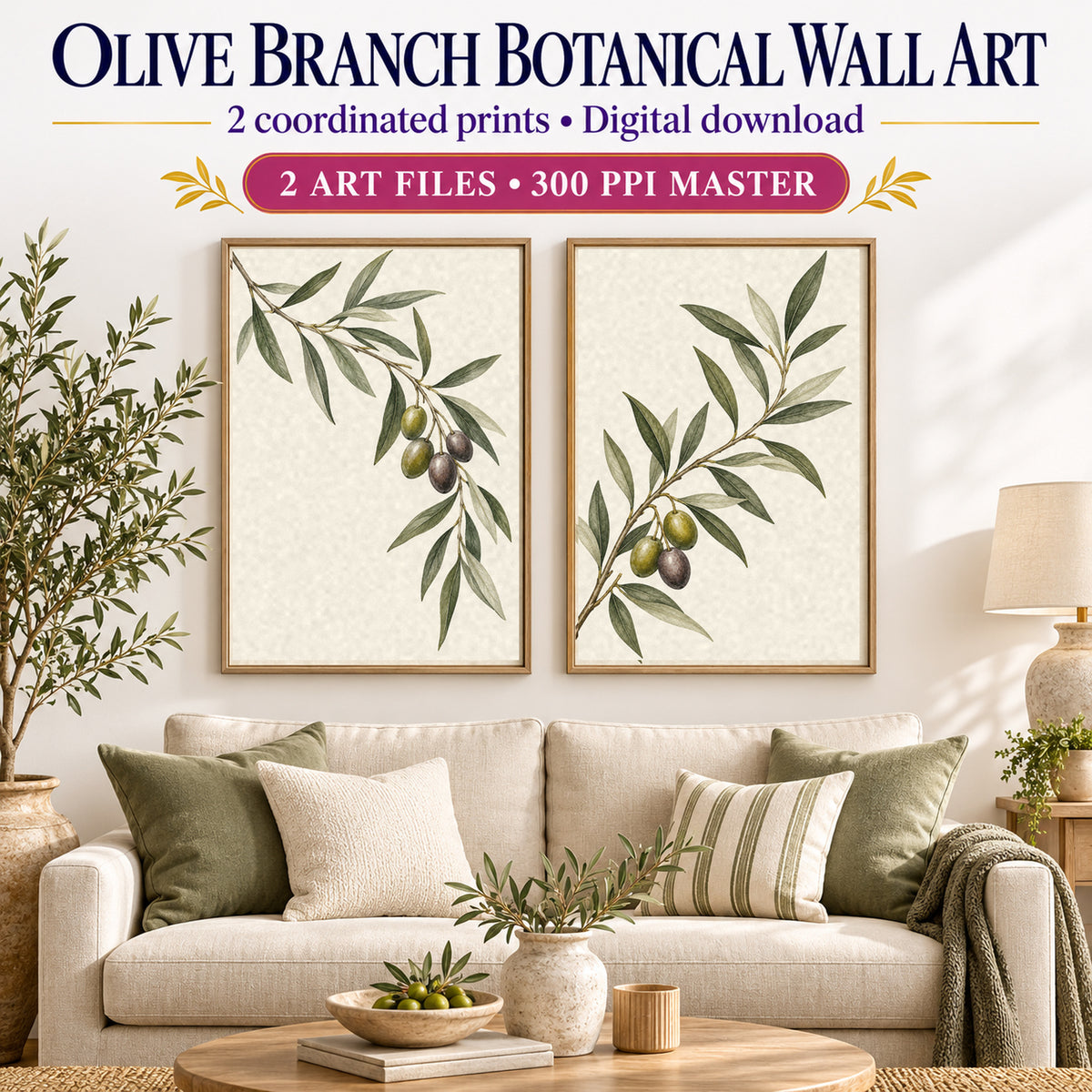 Olive Branch Botanical printable living room wall art set of 2 shown above a linen loveseat