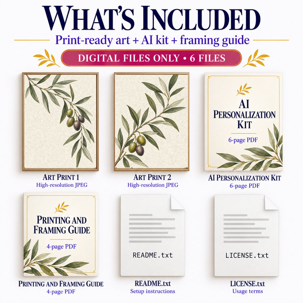 What is included in Olive Branch Botanical download: 2 art JPGs, AI kit, framing guide and text instructions