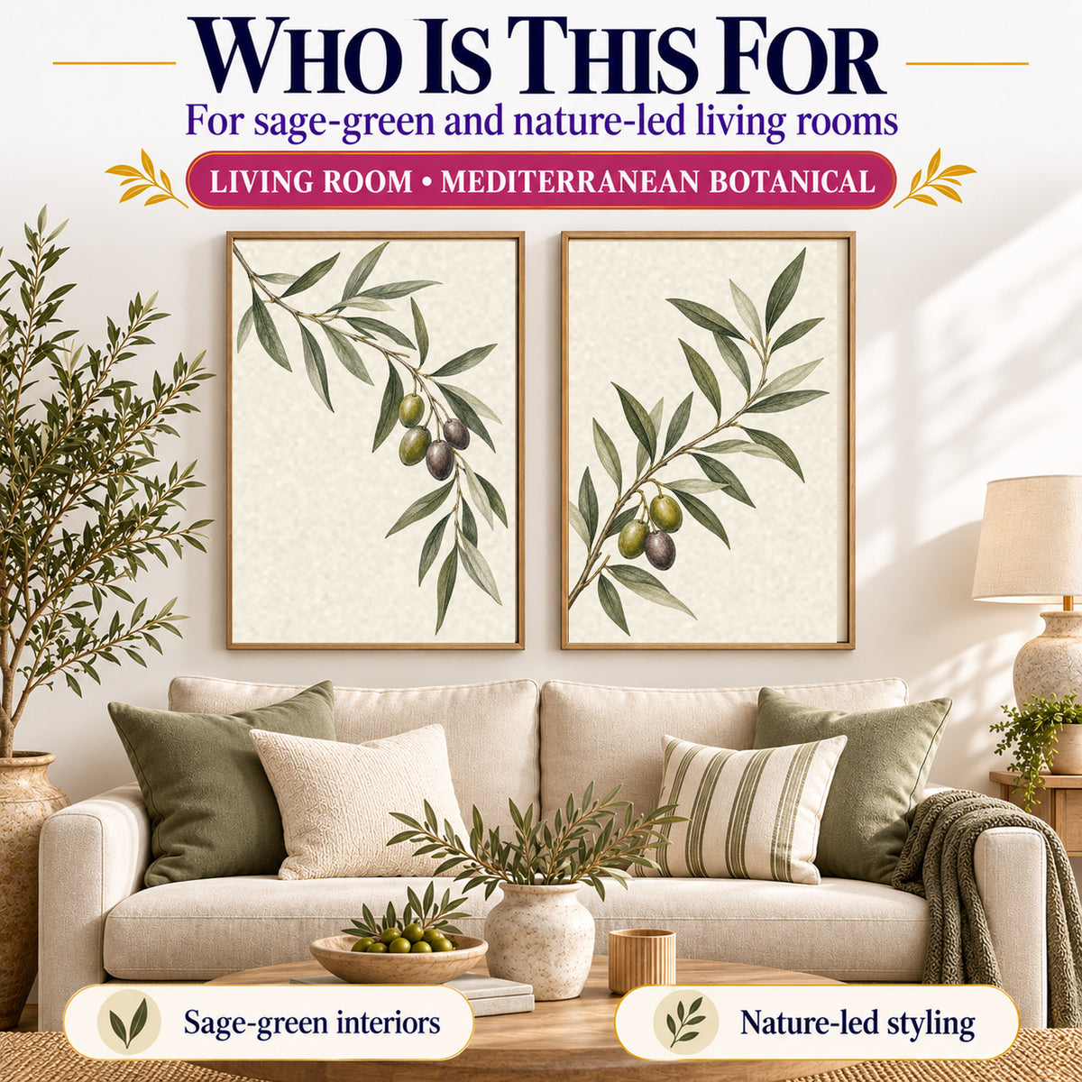 Olive Branch Botanical printable wall art styled for sage-green and nature-led living rooms above a linen loveseat