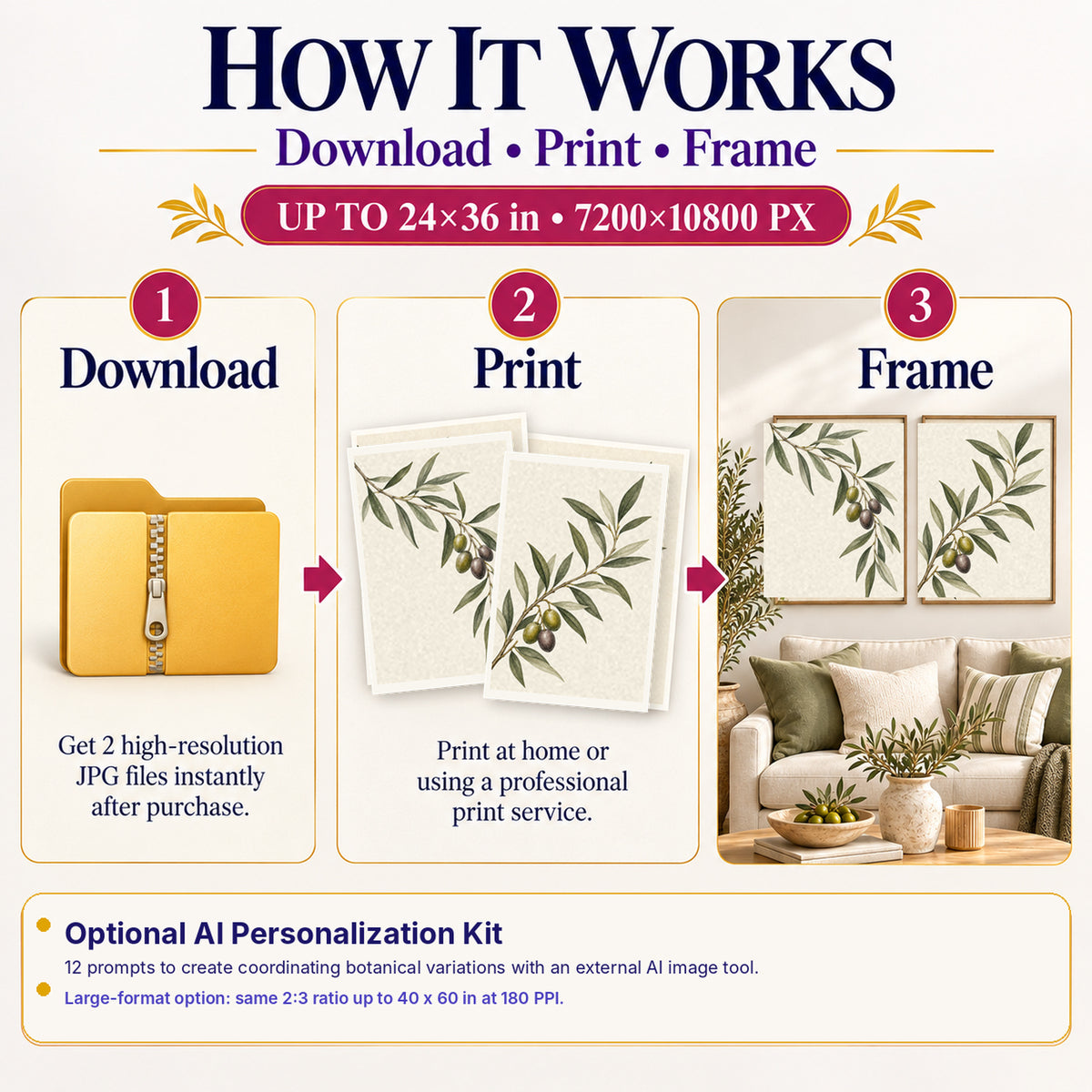 How to download print and frame Olive Branch Botanical art in 2:3 portrait at up to 24×36 in