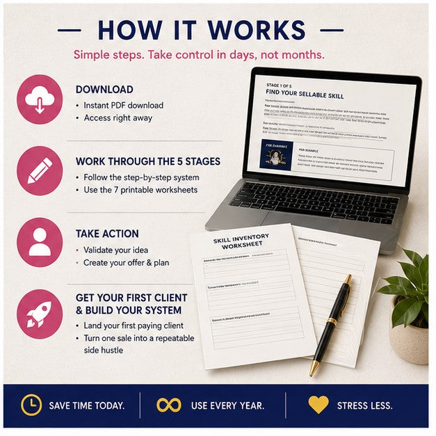 How to Turn a Skill Into a Side Hustle | 5-Stage System with 7 Printable Worksheets | Instant Download PDF
