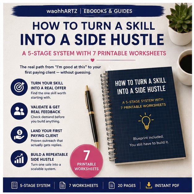 How to Turn a Skill Into a Side Hustle | 5-Stage System with 7 Printable Worksheets | Instant Download PDF