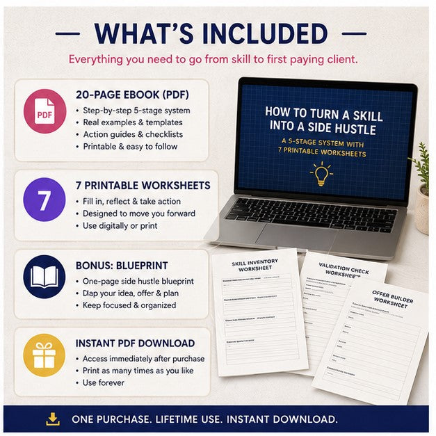 How to Turn a Skill Into a Side Hustle | 5-Stage System with 7 Printable Worksheets | Instant Download PDF