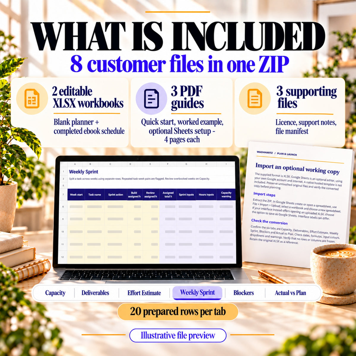Eight customer files including blank and completed six-tab XLSX planners, three four-page PDF guides, licence, support and manifest