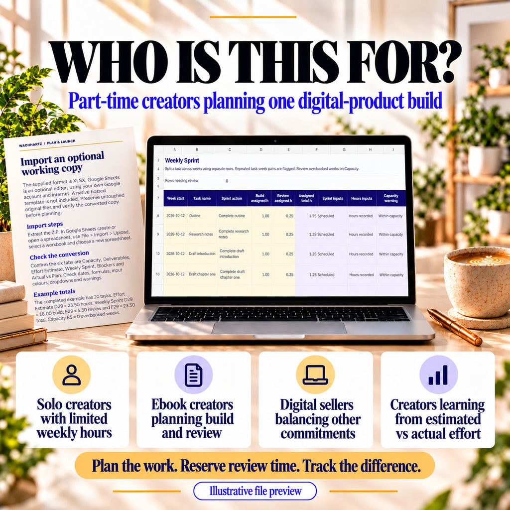 Production sprint planner for part-time creators, ebook creators and digital sellers with limited weekly hours