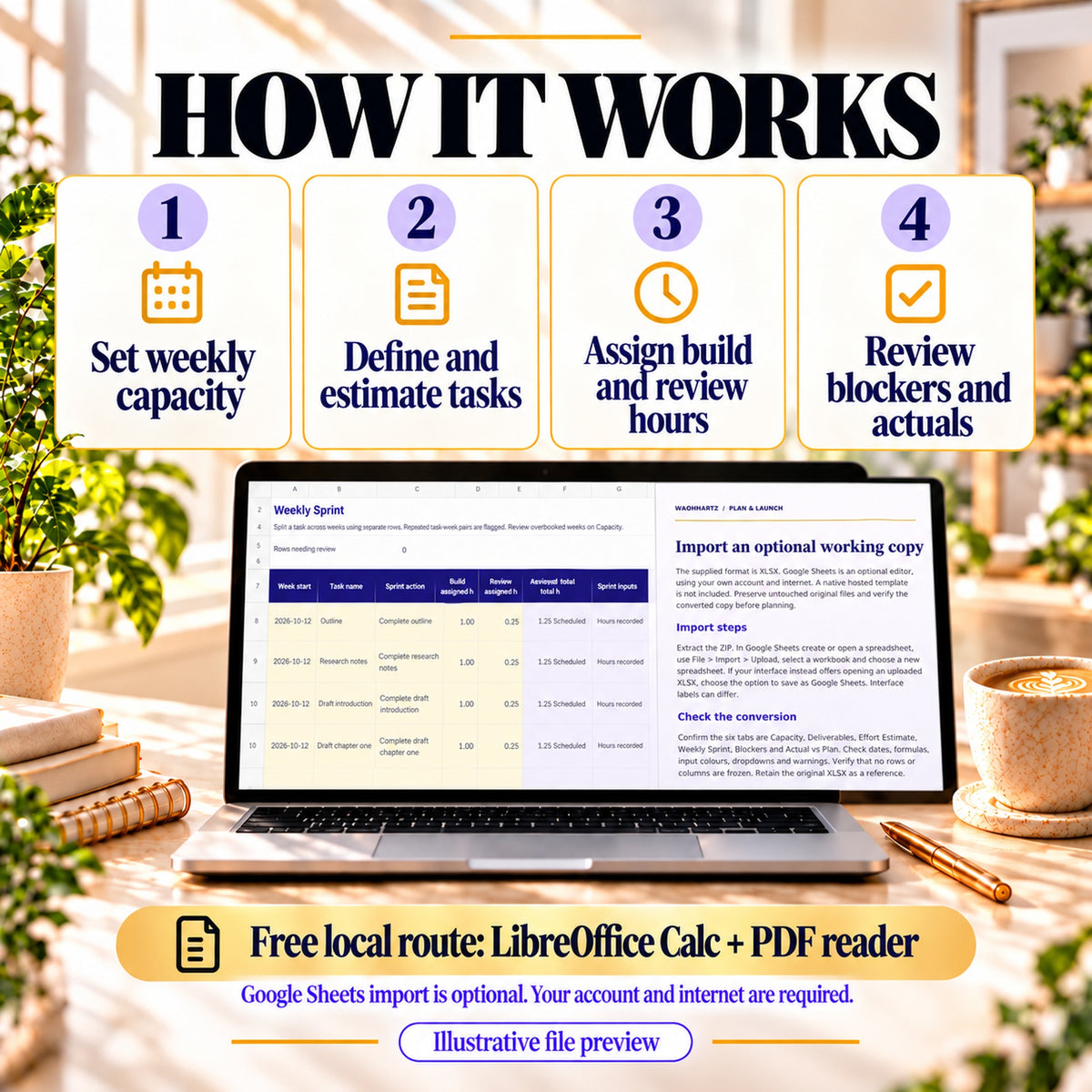 Set capacity, estimate tasks, assign weekly build and review work, then compare actuals using LibreOffice Calc and a PDF reader
