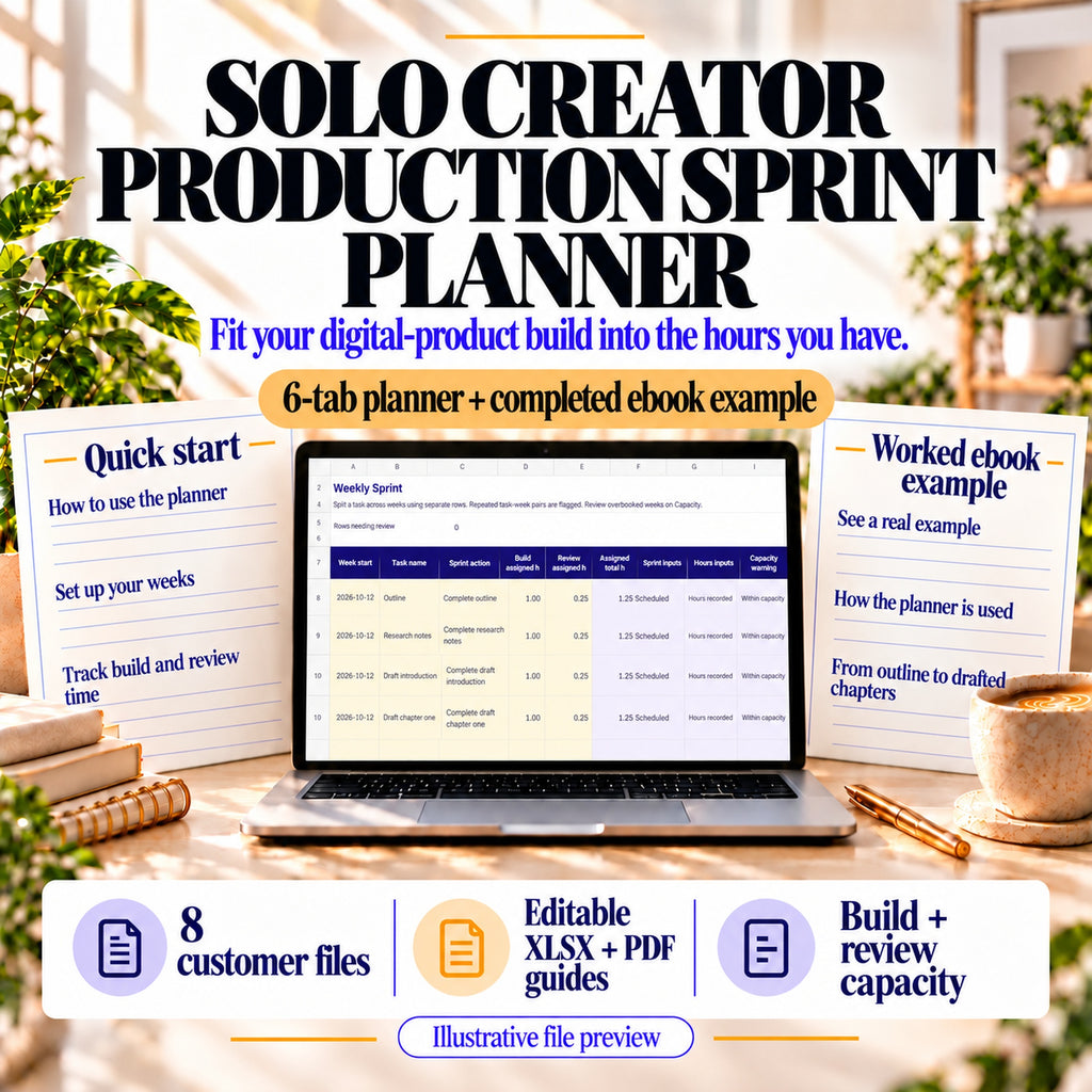 Solo creator digital product production planner showing weekly build and review assignments in a six-tab workbook