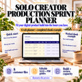 Solo creator digital product production planner showing weekly build and review assignments in a six-tab workbook