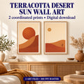 Terracotta Desert Sun printable living room wall art pair of two coordinated 2:3 portrait prints above a console