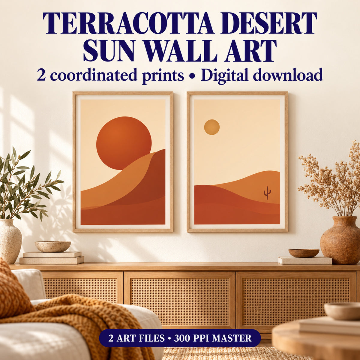 Terracotta Desert Sun printable living room wall art pair of two coordinated 2:3 portrait prints above a console