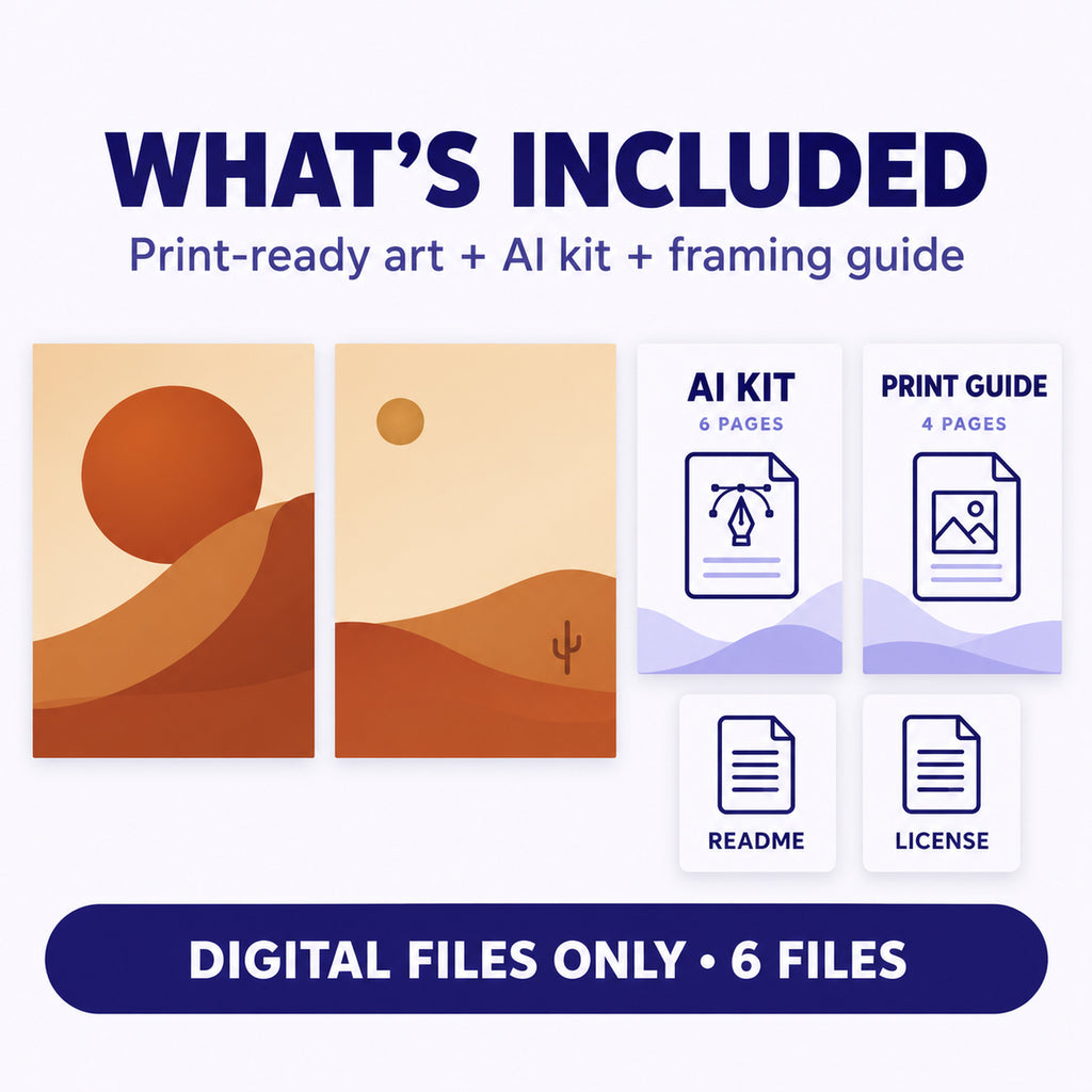 Terracotta Desert Sun download contents: two art JPGs, six-page AI kit, four-page framing guide, README and license