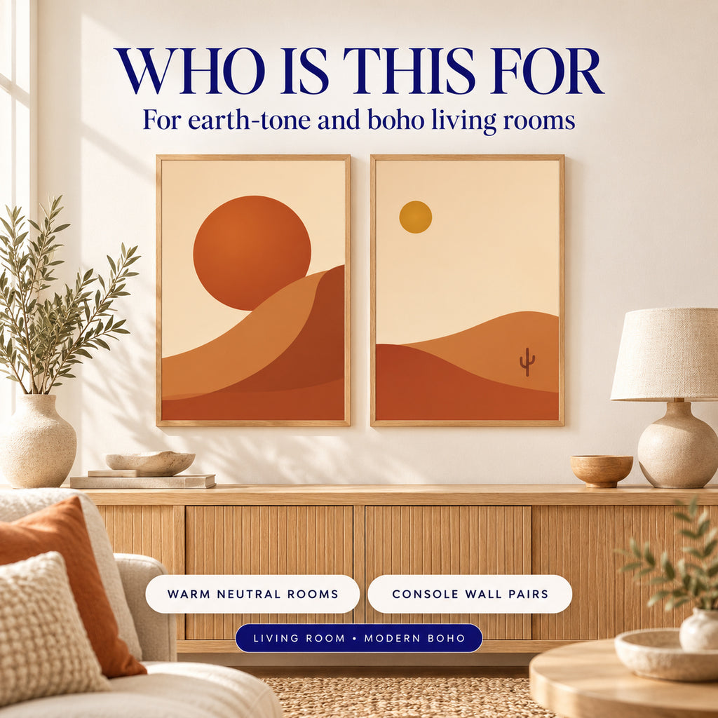 Two terracotta desert prints for earth-tone and modern boho living rooms flanking a console