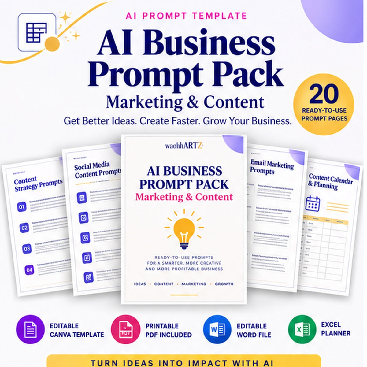 AI Business Prompt Pack Marketing and Content editable Canva template main preview