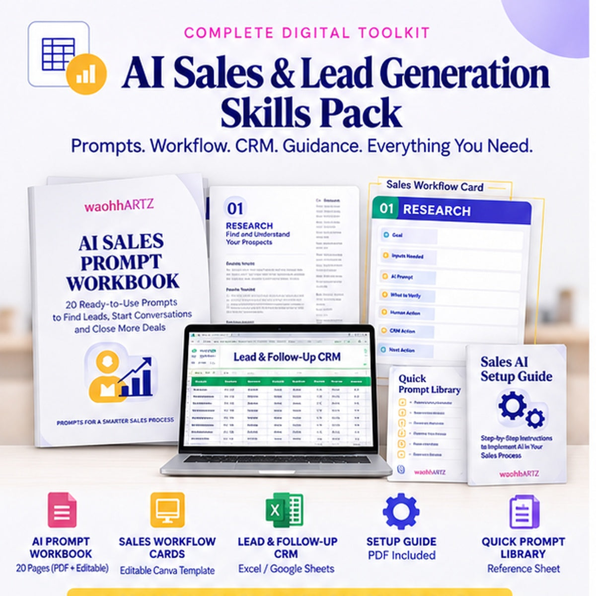 AI Sales and Lead Generation Skills Pack main product preview with AI prompt workbook, Lead Follow-Up CRM, and editable Canva workflow cards