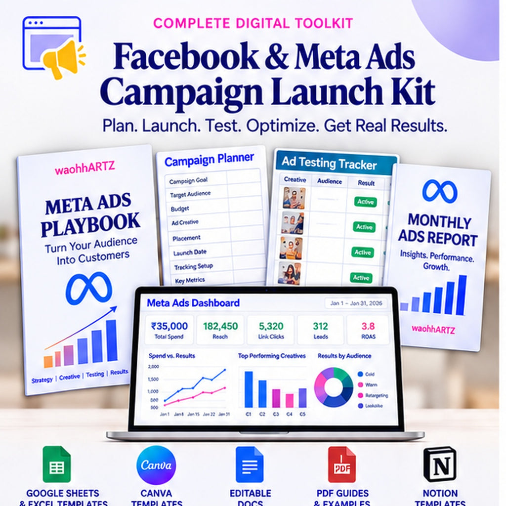 Facebook and Meta Ads Campaign Launch Kit complete digital toolkit with campaign planner, ad testing tracker and Meta Ads dashboard