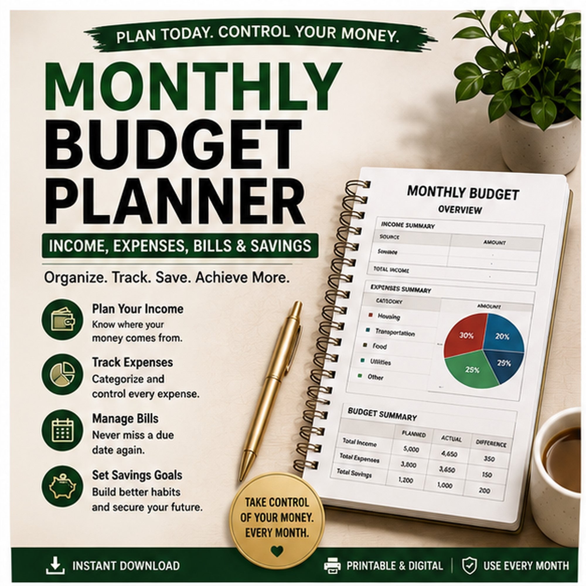 Monthly Budget Planner — Income, Expenses, Bills & Savings