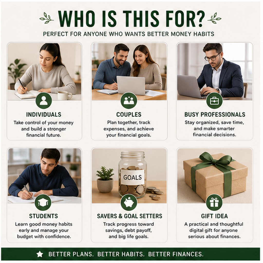 Who the Personal Finance Dashboard Notion template is for: individuals couples professionals students savers and goal setters