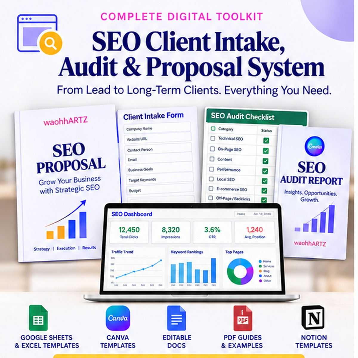 SEO Client Intake Audit and Proposal System showing intake form, audit report, proposal and dashboard
