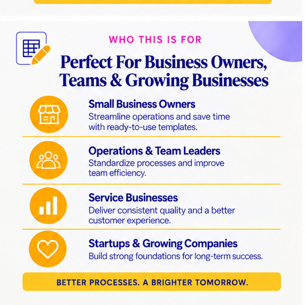 Who the SOP and Business Process Template Toolkit is for – small business owners, operations teams, service businesses and startups
