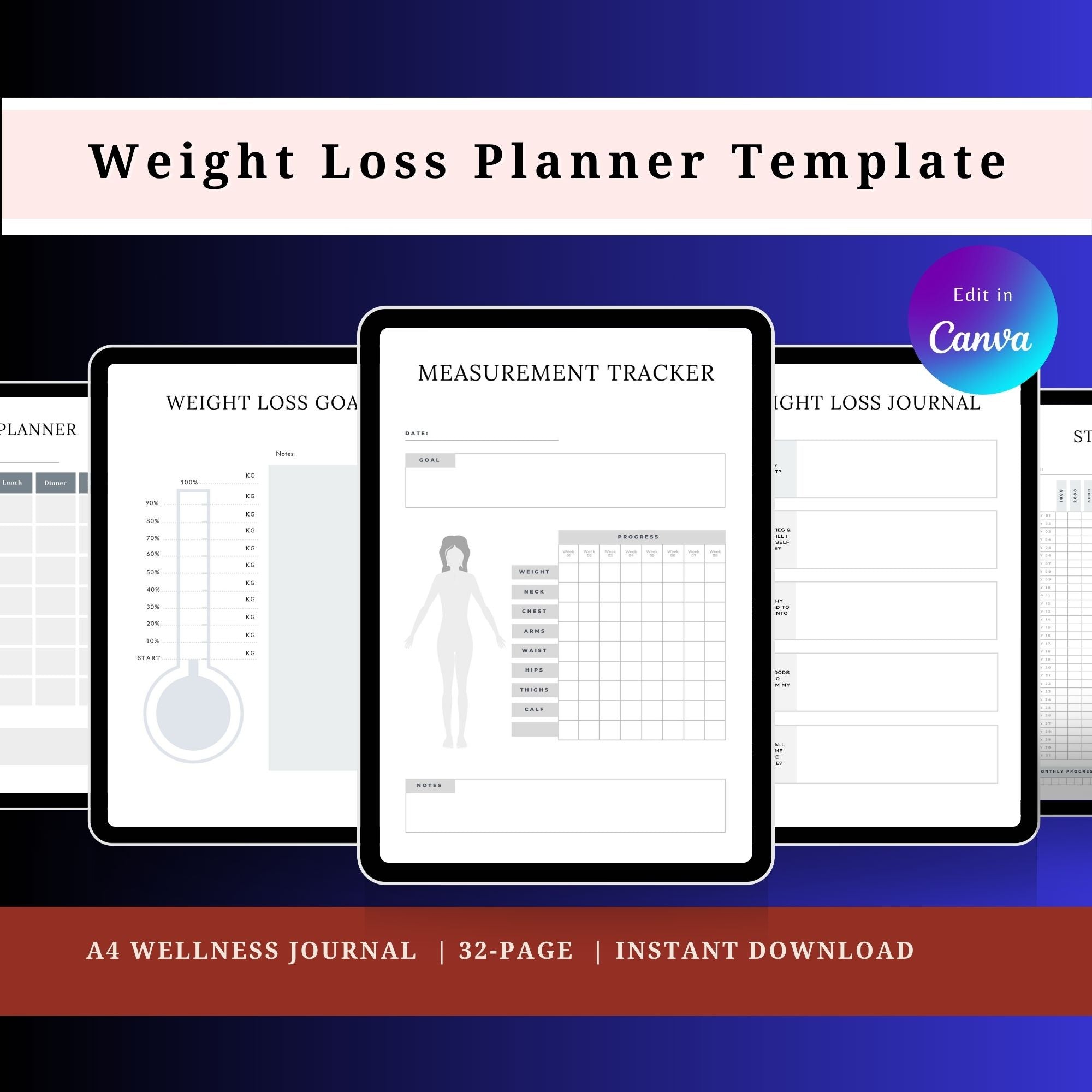 Weight Loss Planner Template — Instant Download — Editable Canva 32-Page A4 Wellness Journal