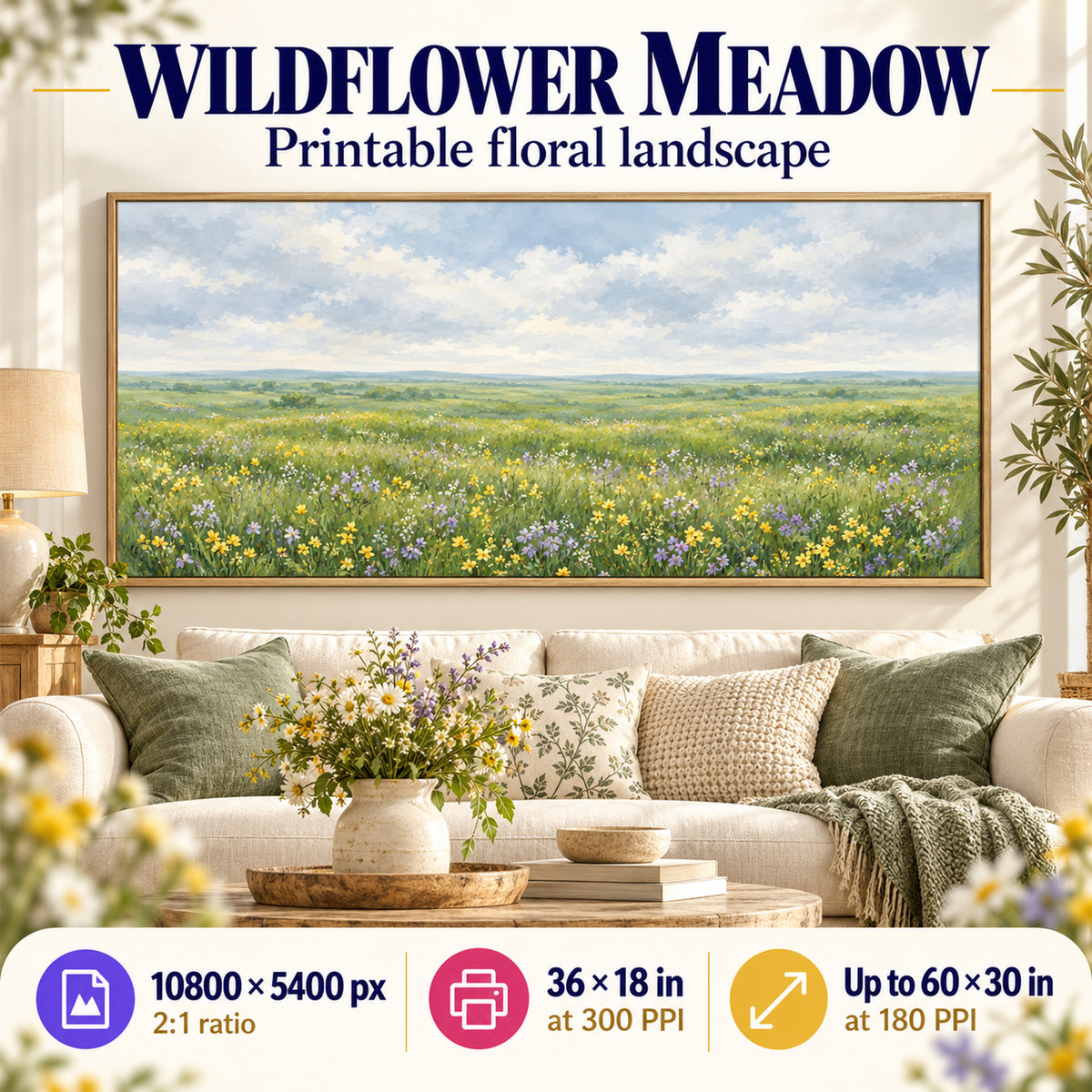 Wildflower Meadow printable living room wall art single panorama shown above a country-style sofa