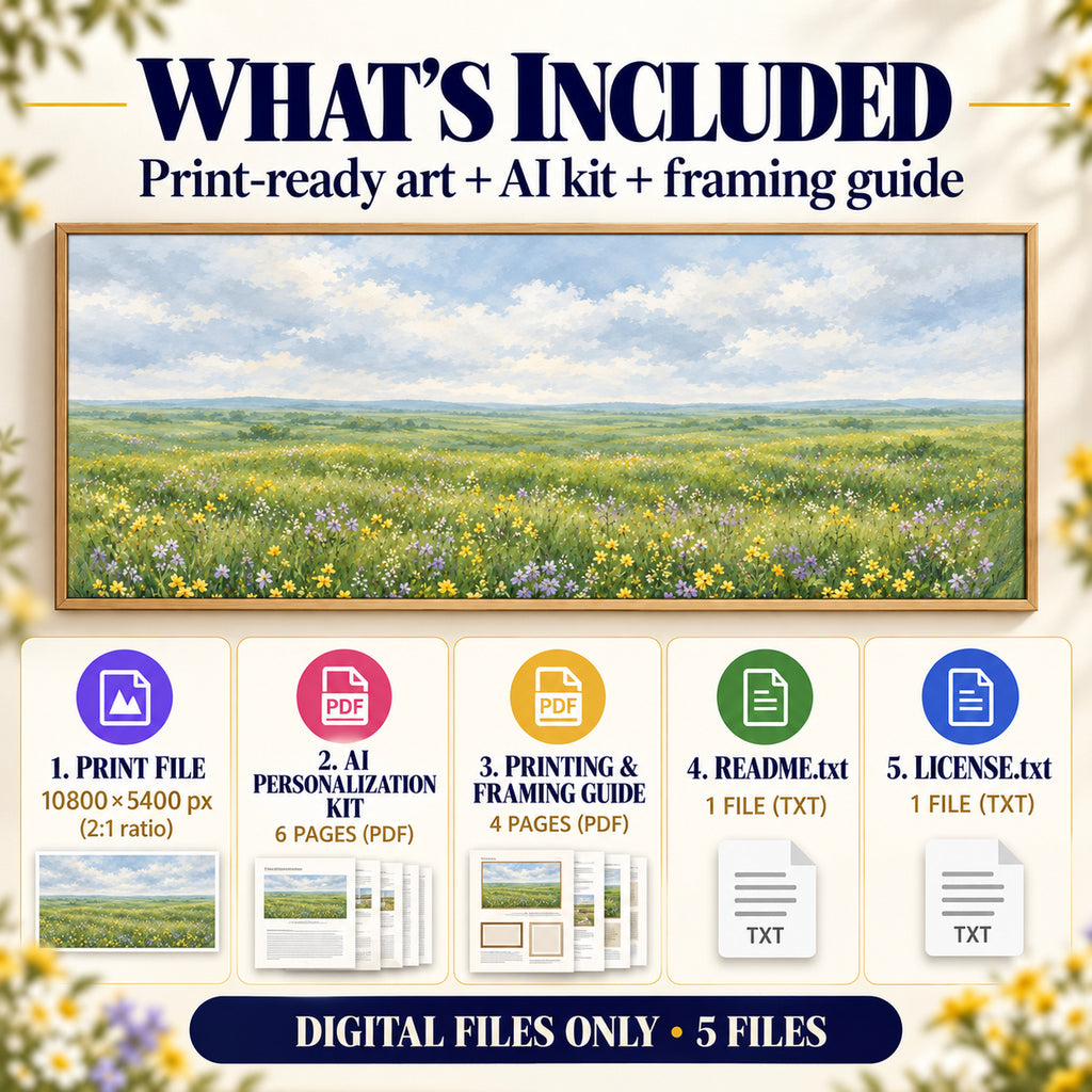 What is included in Wildflower Meadow download: 1 panoramic art JPG, AI Personalization Kit, framing guide, README and license