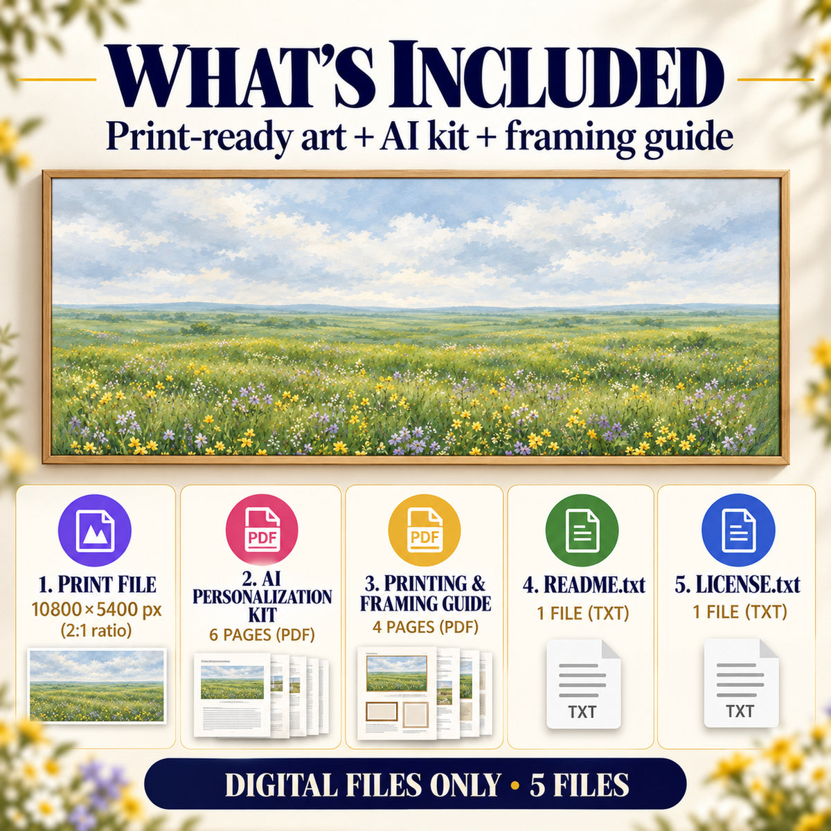 What is included in Wildflower Meadow download: 1 panoramic art JPG, AI Personalization Kit, framing guide, README and license