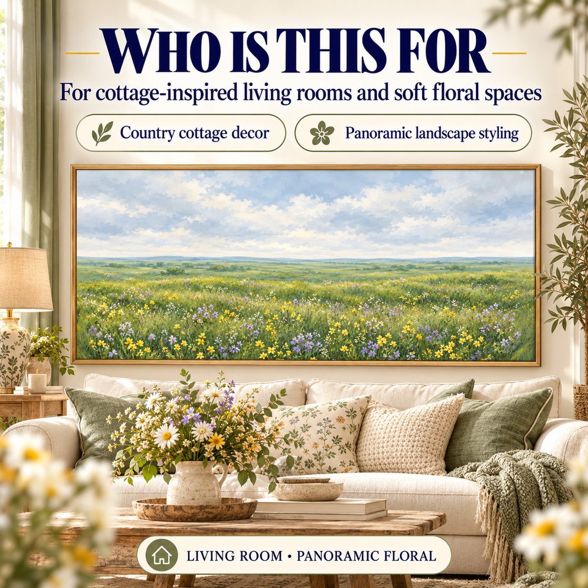 Wildflower Meadow printable wall art styled for cottage and nature-inspired living rooms above a country-style sofa
