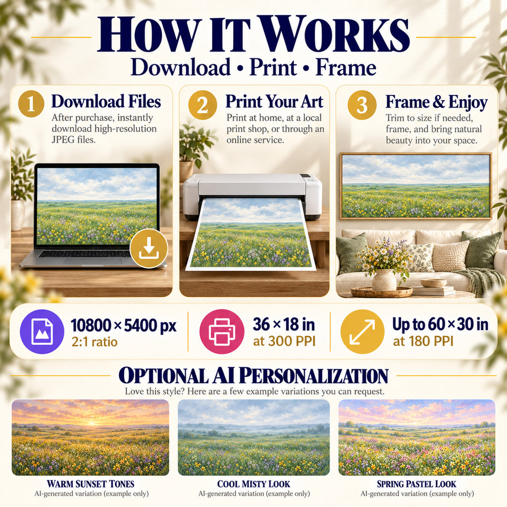 How to download print and frame Wildflower Meadow panoramic art in 2:1 landscape with optional AI personalization examples