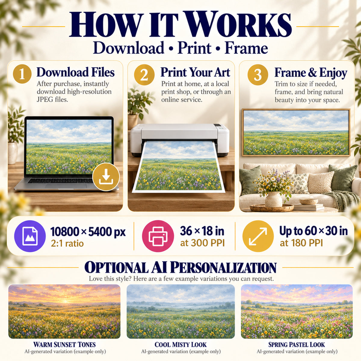 How to download print and frame Wildflower Meadow panoramic art in 2:1 landscape with optional AI personalization examples