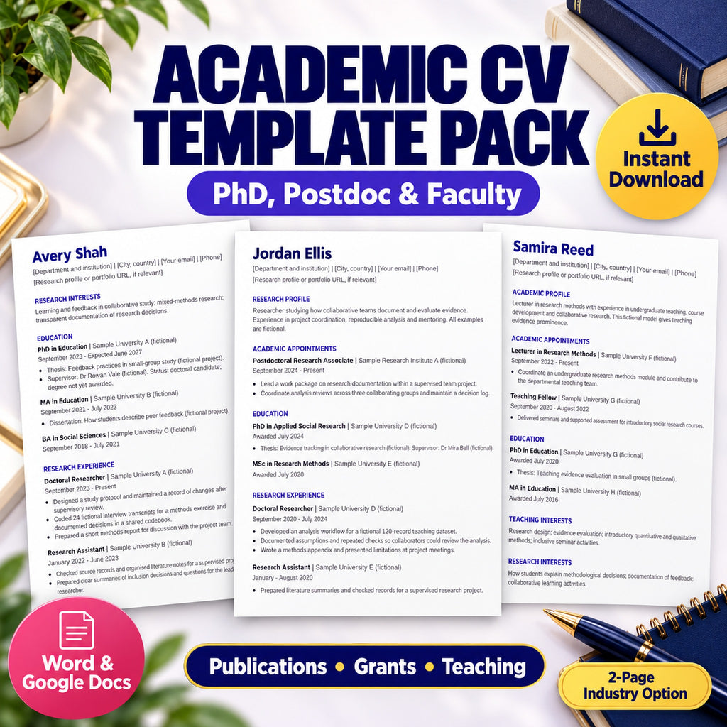 Academic CV template PhD postdoc publications, with Word and Google Docs layouts and a two-page industry option