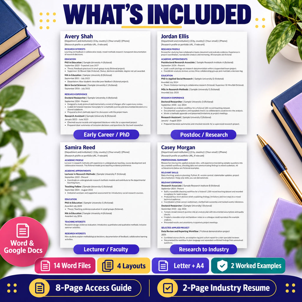 Academic CV pack with four layouts, 14 Word files, two worked examples, Letter and A4 and an eight-page access guide