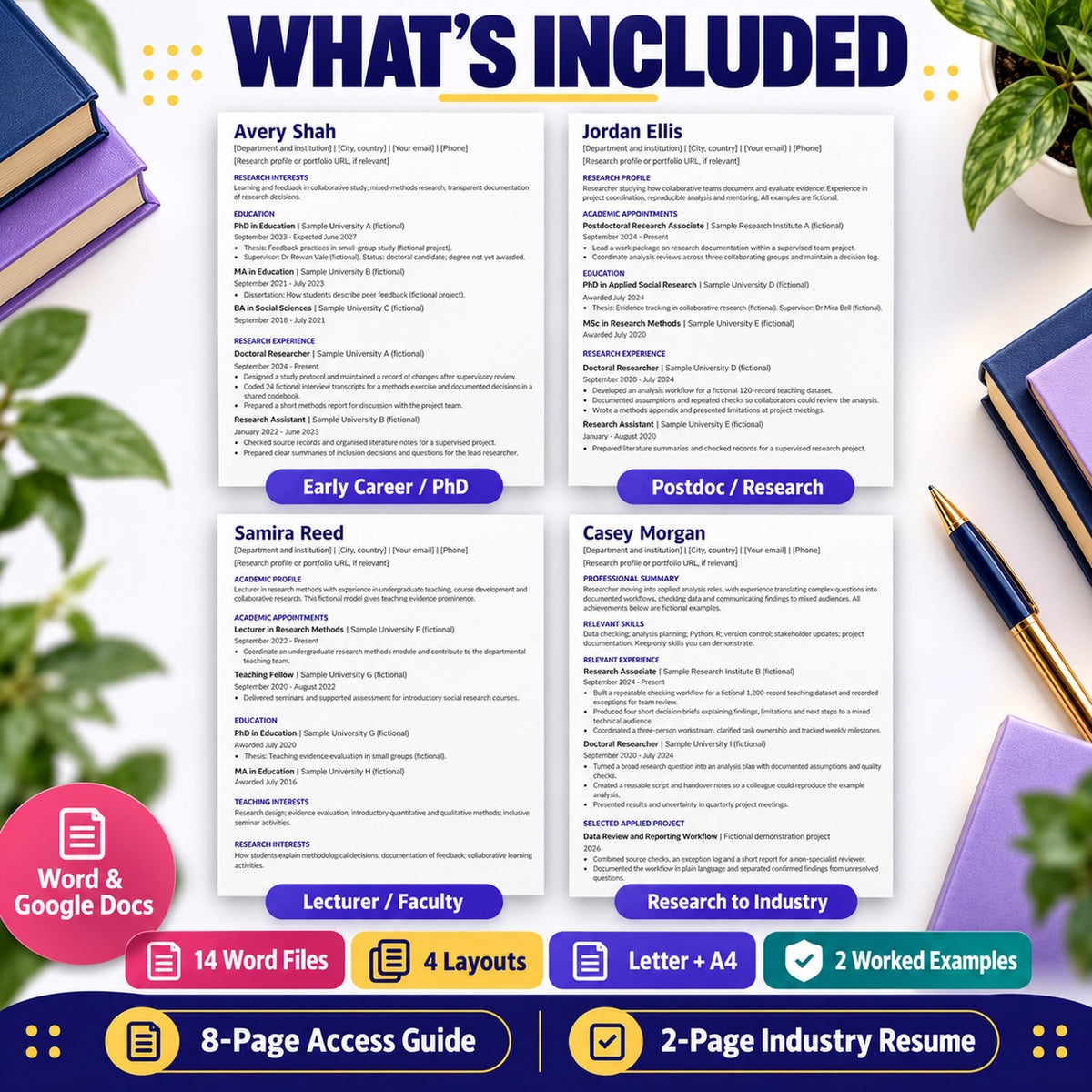 Academic CV pack with four layouts, 14 Word files, two worked examples, Letter and A4 and an eight-page access guide