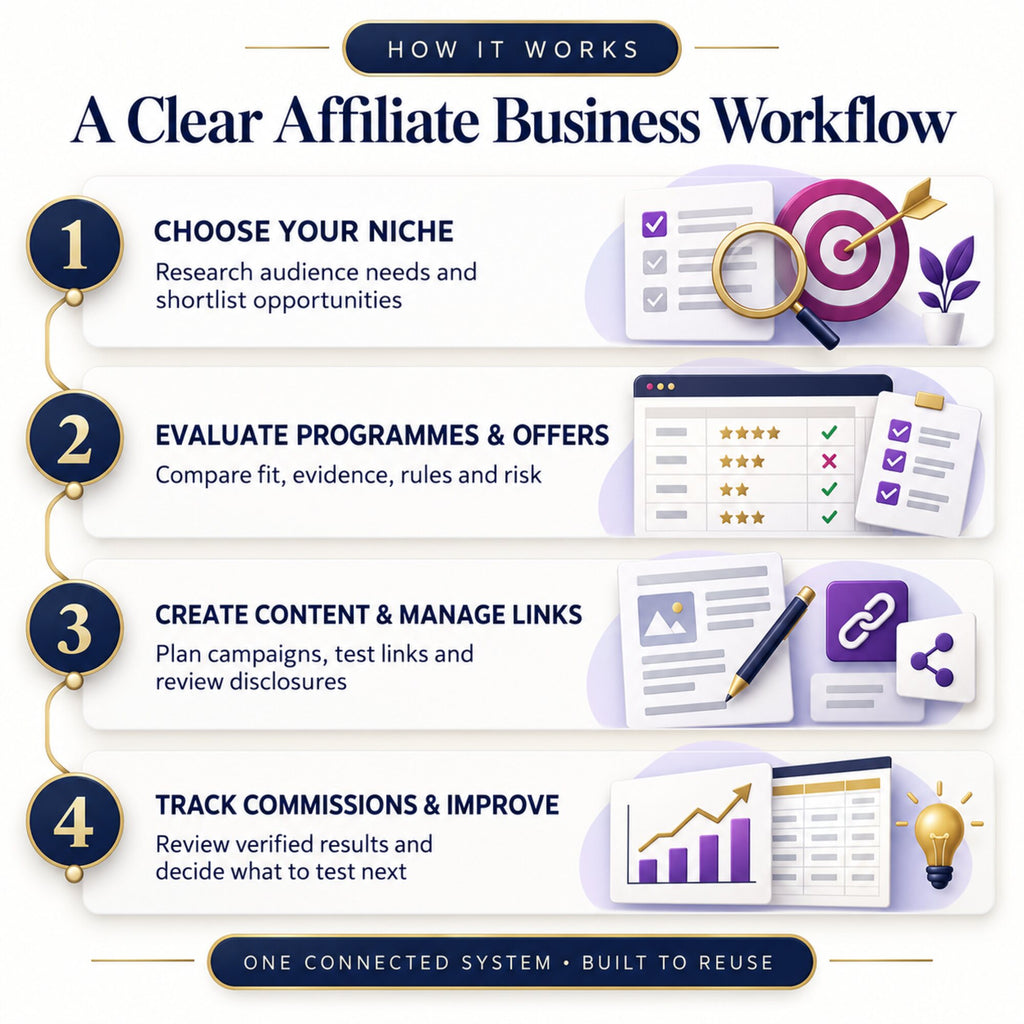 Four-step affiliate business workflow to choose a niche, evaluate programmes, create content, manage links and track commissions