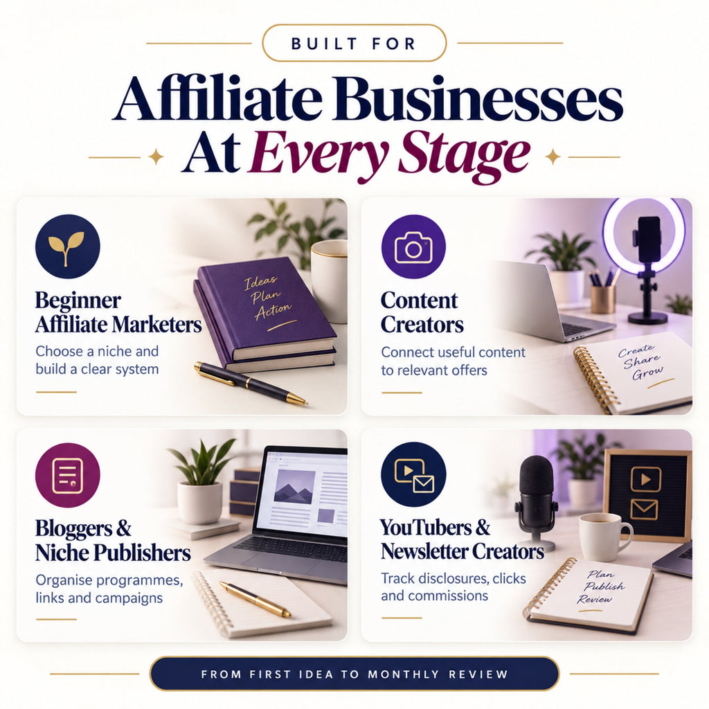 Affiliate marketing business templates for beginners, content creators, bloggers, niche publishers, YouTubers and newsletter creators