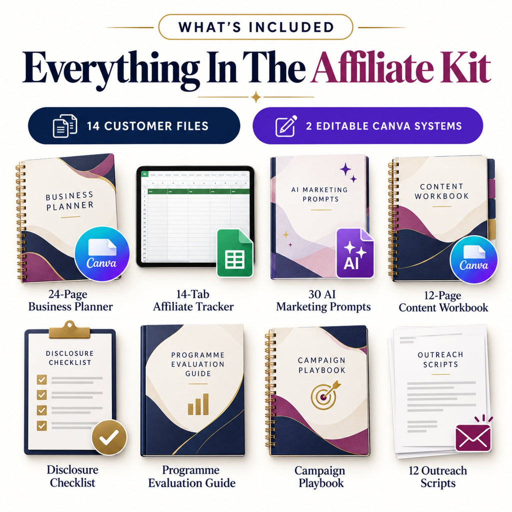 Fourteen-file affiliate marketing kit including business planner, tracker, AI prompts, workbook, checklists, guides and scripts