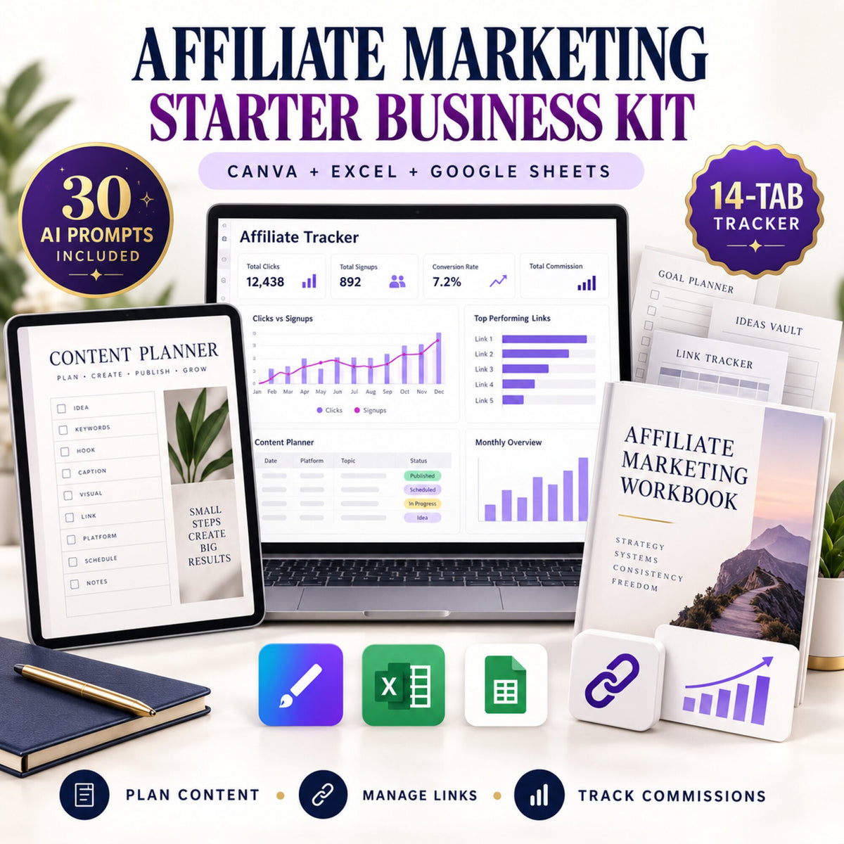 Affiliate Marketing Starter Business Kit with Canva planner, Excel and Google Sheets tracker, and AI prompts