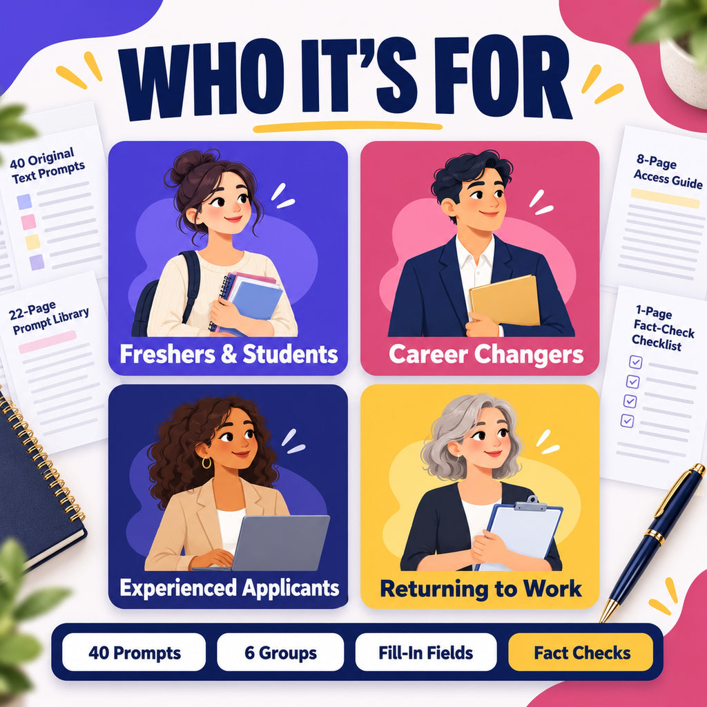 AI resume prompts for freshers and students, career changers, experienced applicants and people returning to work