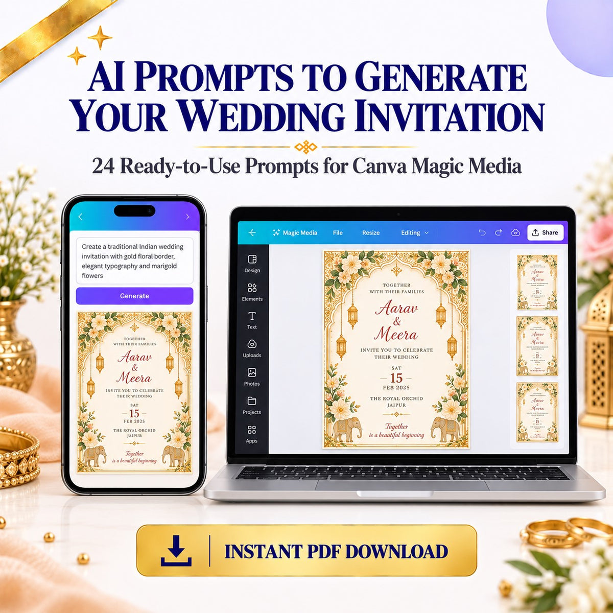 AI Prompts to Generate Your Wedding Invitation in Canva | 24 Magic Media Prompts | Instant Download PDF