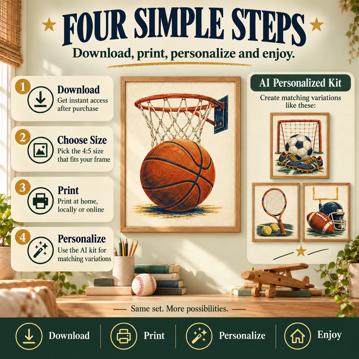 How to use sports kids room wall art: download, choose a compatible 4 to 5 size, print and frame, then optionally create matching personal-use variations with the AI kit