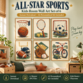 Sports kids room wall art set of 6 shown in a styled kids room with vintage basketball, tennis, soccer, football, baseball and bicycle prints