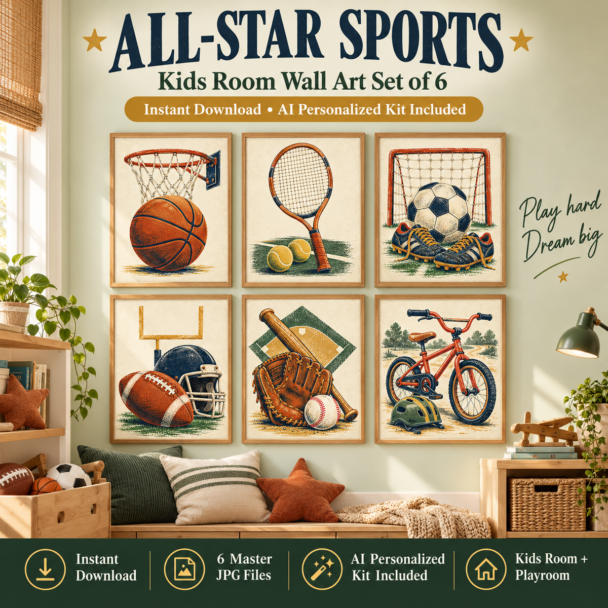 Sports kids room wall art set of 6 shown in a styled kids room with vintage basketball, tennis, soccer, football, baseball and bicycle prints