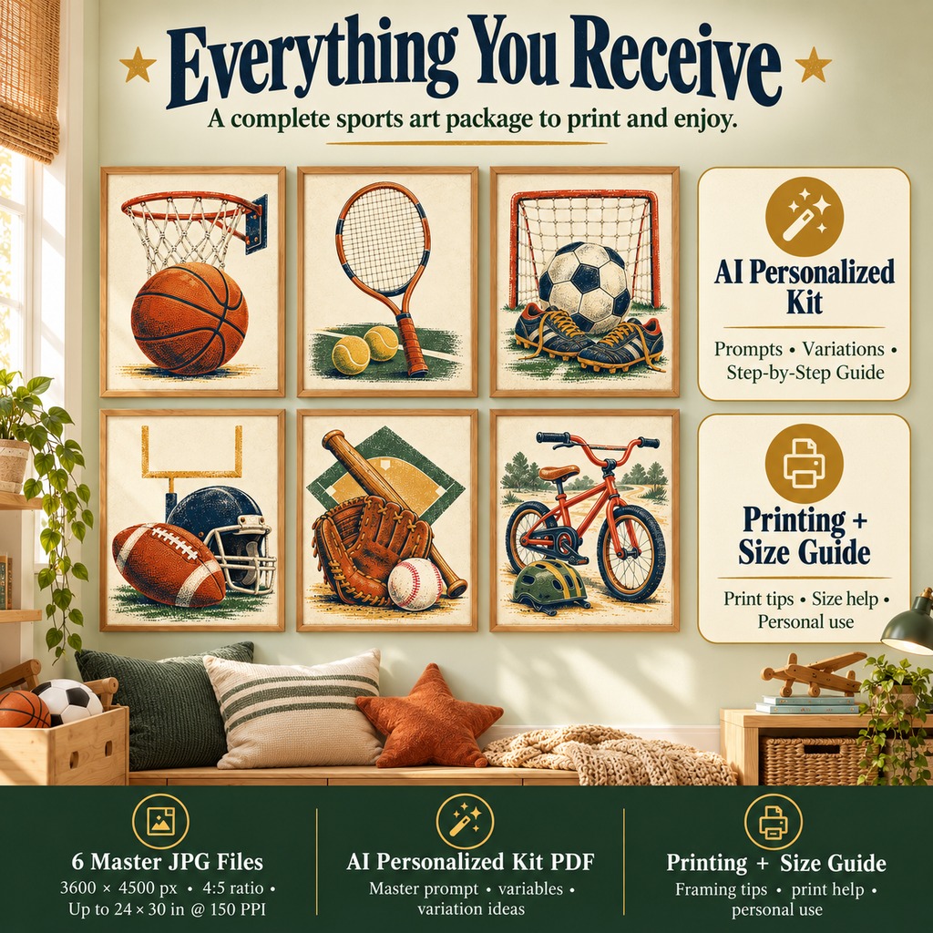 Sports kids room wall art download with six 3600 by 4500 px 4:5 master JPGs, AI Personalized Kit, printing guide and personal-use license