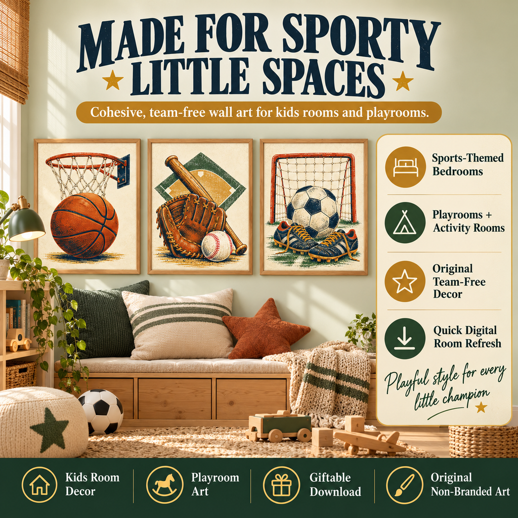 Sports nursery wall art and playroom sports decor for sports-themed bedrooms, playrooms and activity rooms using original team-free vintage sports art